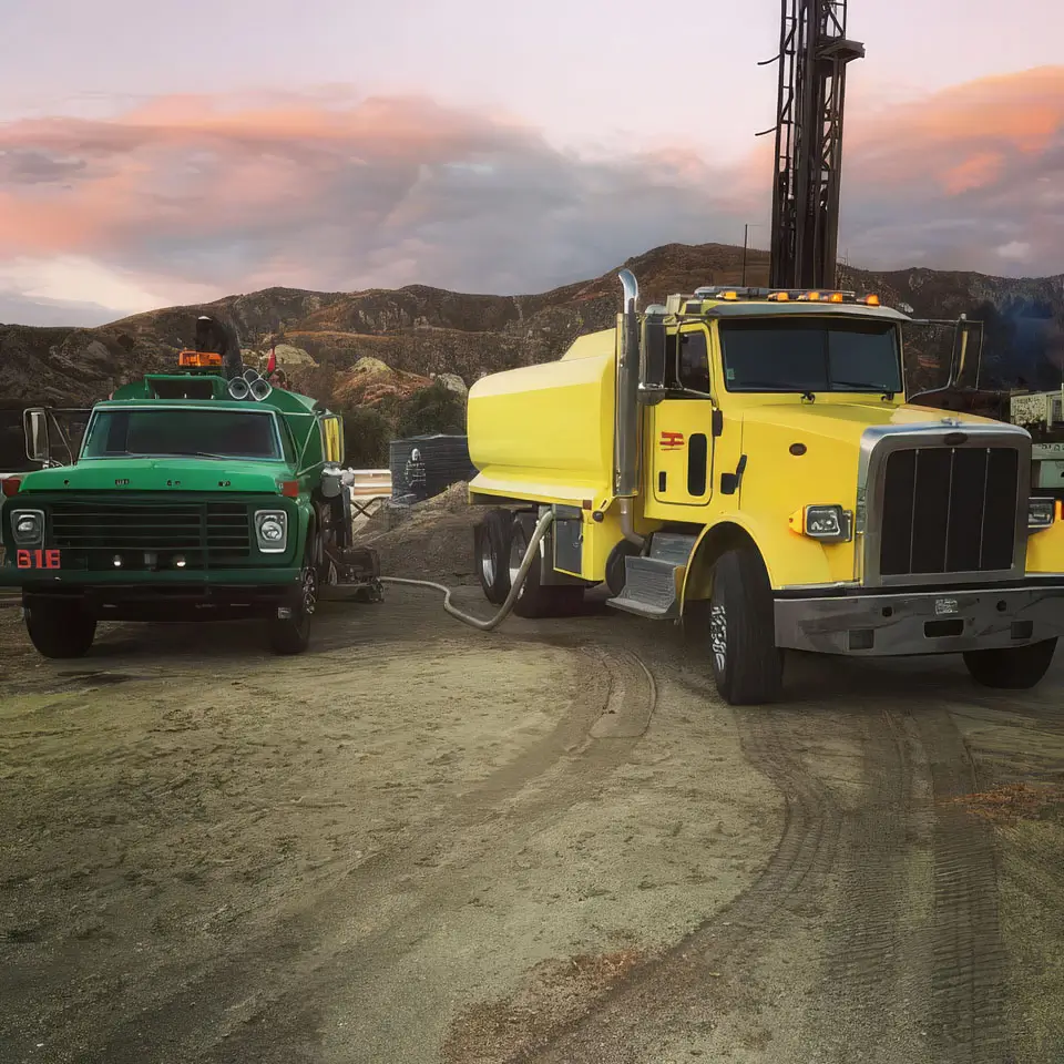 A green and yellow truck parked on a large outdoor project at sunset.